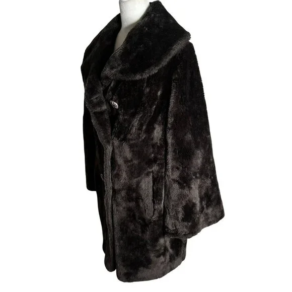 Vintage 70s Double Breasted Faux Fur Coat Large Buttons Pockets Orange Lining - Picture 6 of 10